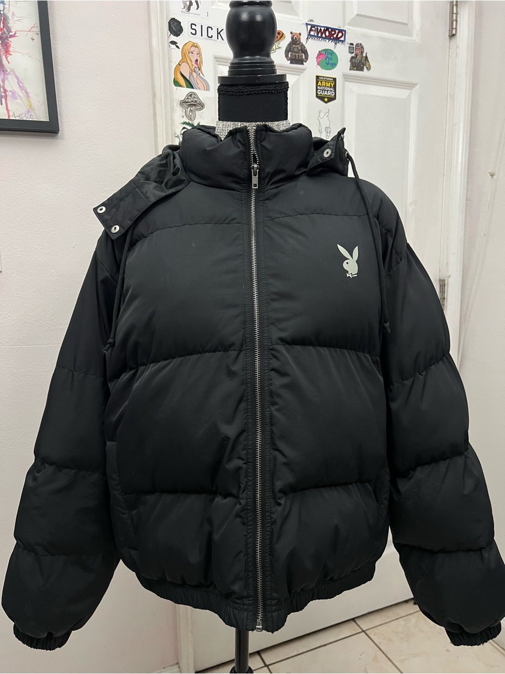PLAYBOY Black Quilted Puffer Jacket with Bunny Logo